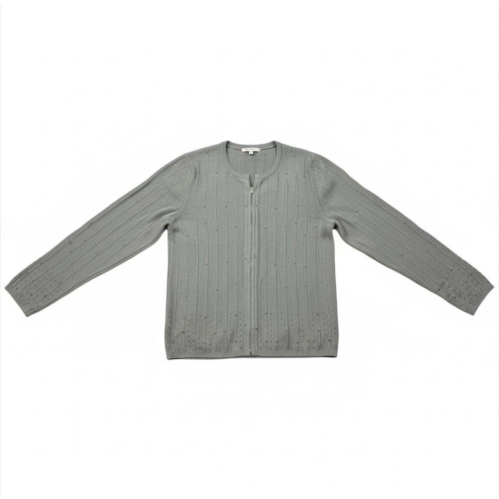 Vintage Hillard & Hanson Gray Beaded Cardigan Sweater M Minimalist Office Modest